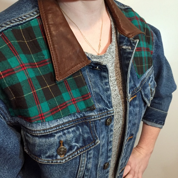 Altered Vintage Jean Jacket with Leather, Plaid - Picture 4 of 8